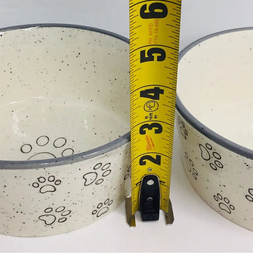 2 Pet Bowl Cat Kitten PAWS Food Water Dish Bowl Pacifica Pottery Gray New